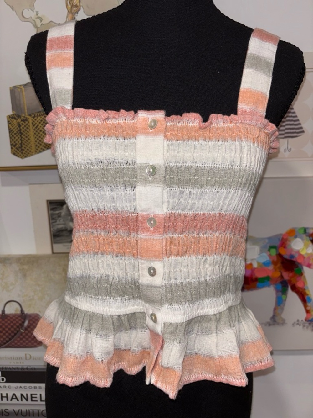 By Together Striped Ruffle Knit Tank in Peach, Cream & Gray - Picture 1 of 3
